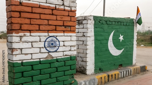 Split brick wall painted with Indian and Pakistani flags showing division, patriotism, and unresolved conflict.