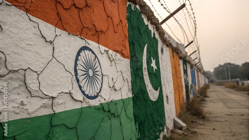 Distressed wall background featuring India vs Pakistan flag design showing rivalry and contrast.