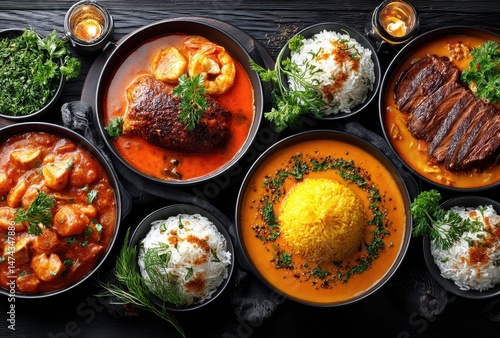 Vibrant and Flavorful Spread of Traditional Dishes Featuring Seafood, Rice, and Grilled Meats on a Stylish Black Wooden Table Setting