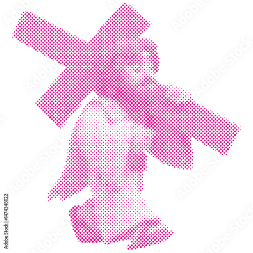 A cartoon man acting as Jesus Christ carrying the cross in halftone retro modern
