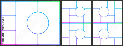 Brutalist background bento box grid. Photo post template layout. Presentation slide moodboard design. Brochure collage rectangular style gallery. Round shape modular mosaic hierarchy. Comic poster y2k