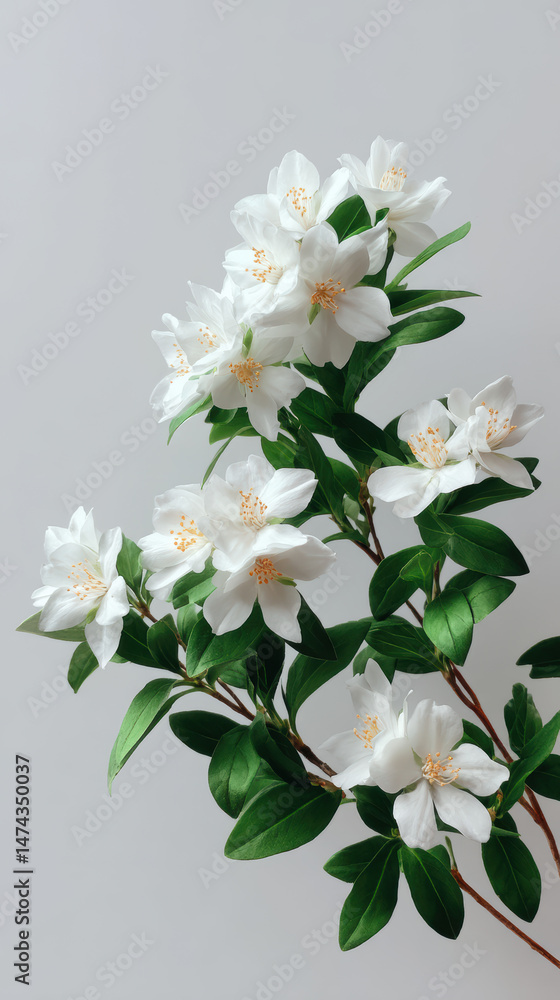 Obraz premium A delicate branch showcases pristine white flowers with yellow stamens amidst lush green leaves against a smooth, light gray background, creating a serene floral scene.
