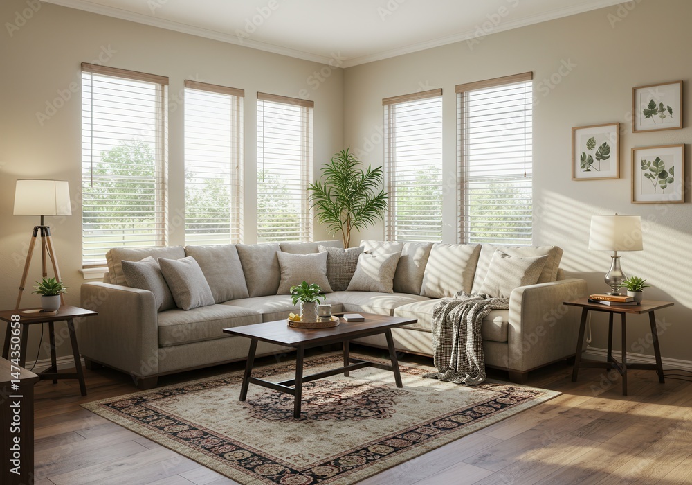 Fototapeta premium Bright living room with large sectional sofa, area rug, and natural light from multiple windows