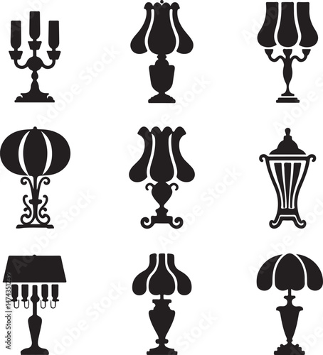 A collection of black silhouette illustrations of vintage style table lamps vector on white background