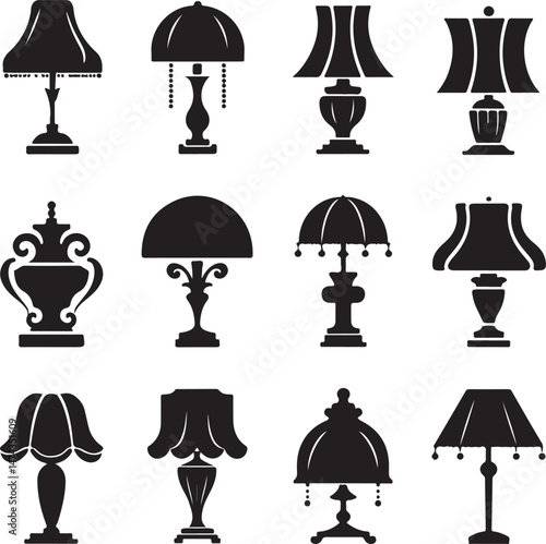 A collection of black silhouette illustrations of vintage style table lamps vector on white background