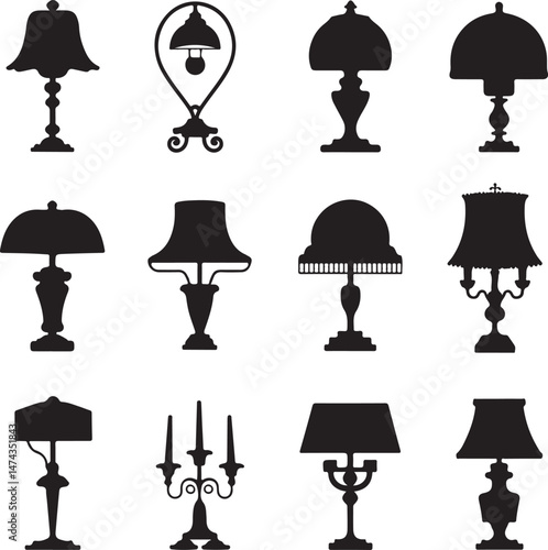 A collection of black silhouette illustrations of vintage style table lamps vector on white background