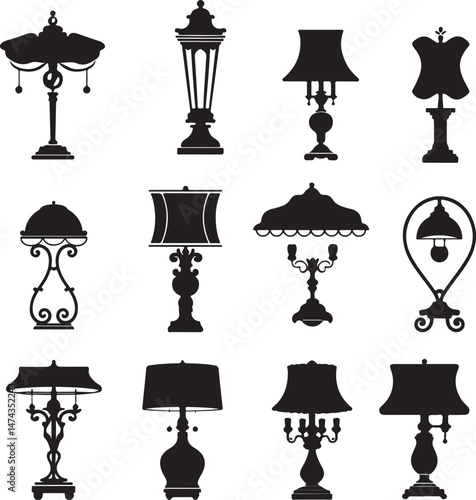 A collection of black silhouette illustrations of vintage style table lamps vector on white background