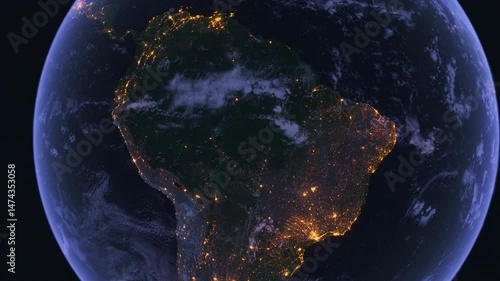 Planet Earth at Night. South America. View from Space Orbit. Globe