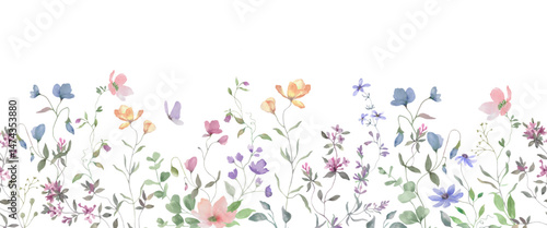 Watercolor seamless border with colorful wildflowers. Hand drawn illustration. For greeting cards, invitations. Vector EPS.