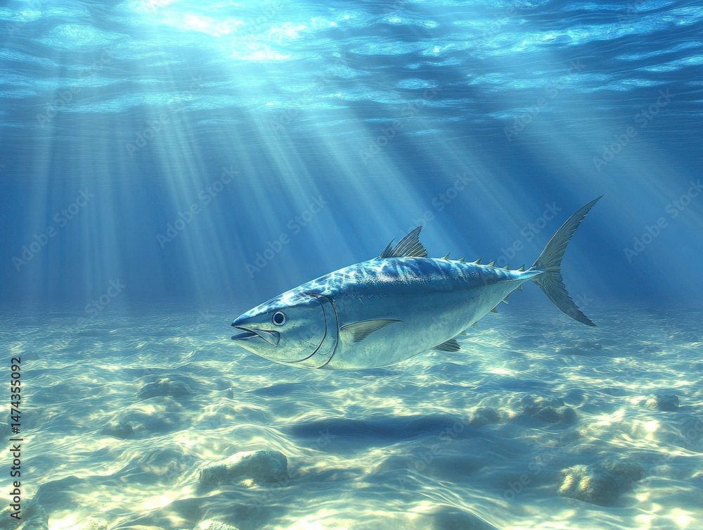 Fototapeta premium Tuna fish swimming underwater in ocean with sun rays shining through water surface marine life