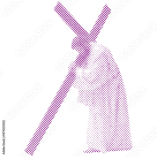 A man acting as Jesus Christ carrying the cross in halftone retro modern