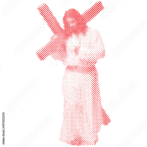 A man acting as Jesus Christ carrying the cross in halftone retro modern