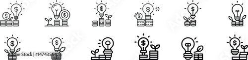 Light bulb growing from stacked coins icon representing innovative investment, creative financial ideas, and profitable thinking concepts in business and entrepreneurship