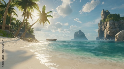 Scenic beach with sun-drenched sand, tranquil turquoise sea, and slender palm trees rising into a peaceful, cloudy sky