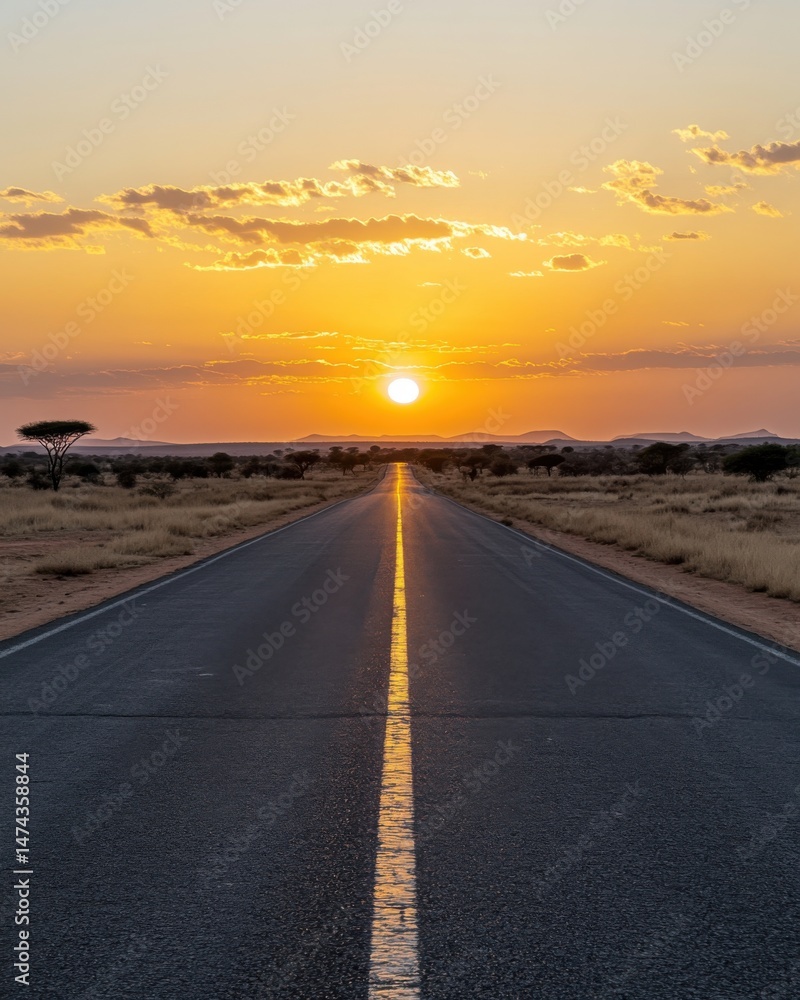 Fototapeta premium Straight asphalt road leading to the horizon at sunset in Namibia Africa eye level view travel destination adventure