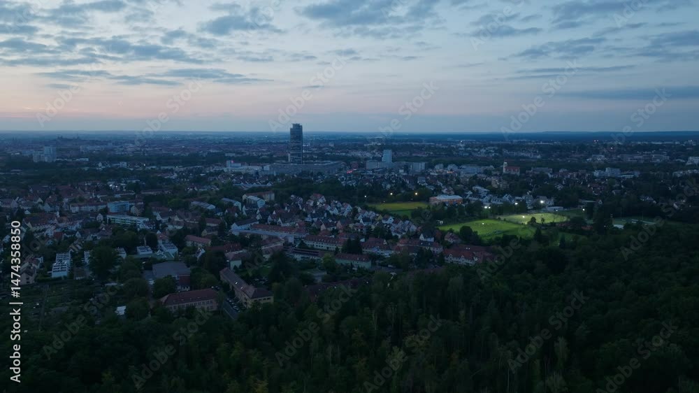 Aerial drone view of eastern Nuremberg, Germany, at dusk. Aerial drone view of eastern Nuremberg, Germany, at dusk.