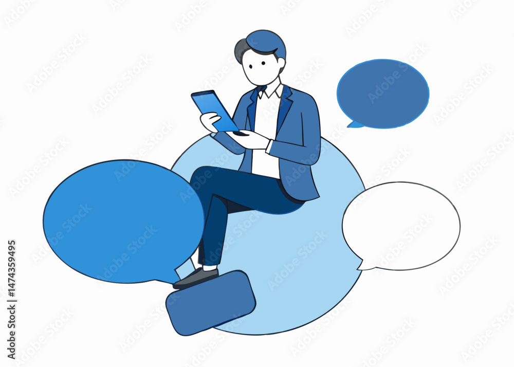 Businessman Sitting on Speech Bubbles Using Smartphone for Communication and Networking Businessman Sitting on Speech Bubbles Using Smartphone for Communication and Networking