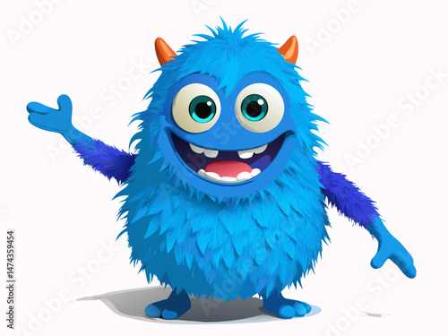 Friendly Blue Furry Monster Cartoon Character Inviting with Open Hand Gesture