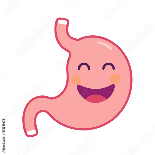 Smiling pink stomach cartoon icon in flat vector style