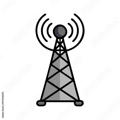 Black radio antenna tower icon in flat outline vector style