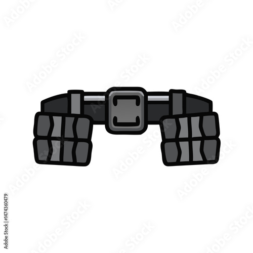Black utility belt with multiple pouches in cartoon flat style