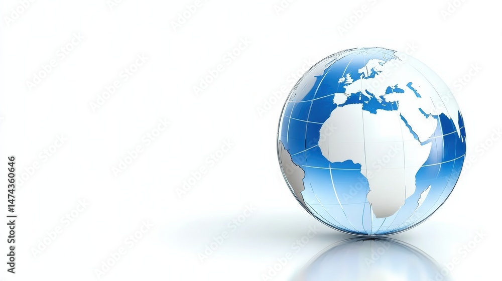 Fototapeta premium A glossy blue and white globe showing Africa, Europe, and Asia on a white background with a faint reflection.