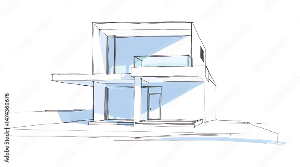 Architectural sketch of a modern house with clean lines and blue accents Architectural sketch of a modern house with clean lines and blue accents