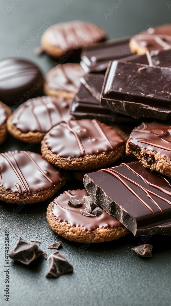 Assortment of chocolate cookies and chocolate bars