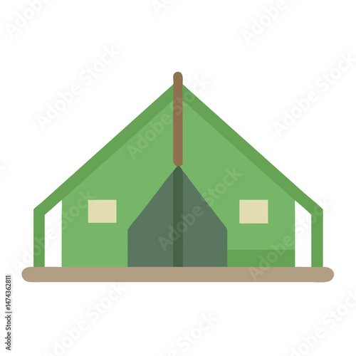 Green military tent in flat cartoon illustration style