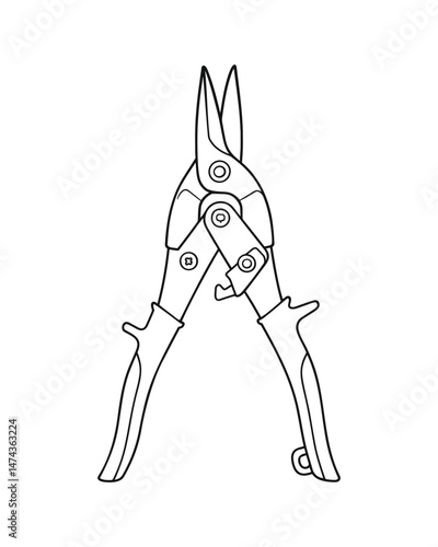 Detailed line art illustration of metal cutting shears tool
