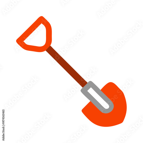 Red digging shovel with brown handle in cartoon vector style
