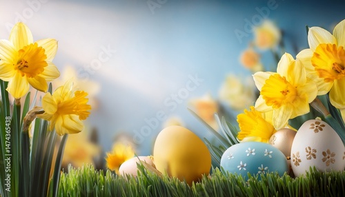 easter background with daffodils and eggs