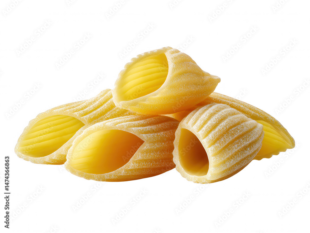 Close up of uncooked pasta shells, Italian food ingredient, raw shell pasta isolated on white background, healthy meal Close up of uncooked pasta shells, Italian food ingredient, raw shell pasta isolated on white background, healthy meal