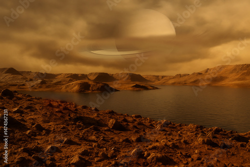 Saturne vue depuis la surface de Titan durant une éclaircie.