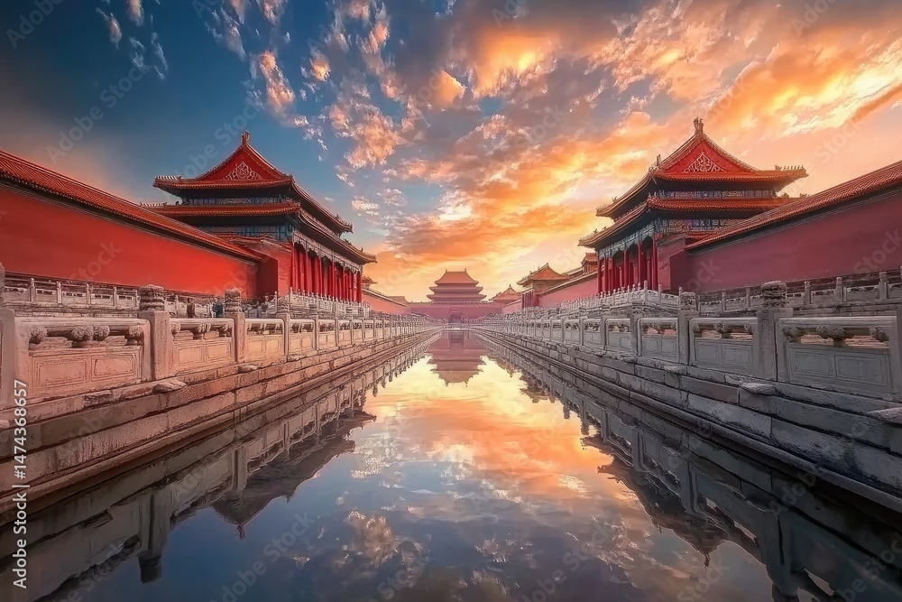 Obraz premium Forbidden City View with Walls, Palace, Reflecting Water, and Sky during Golden Hour