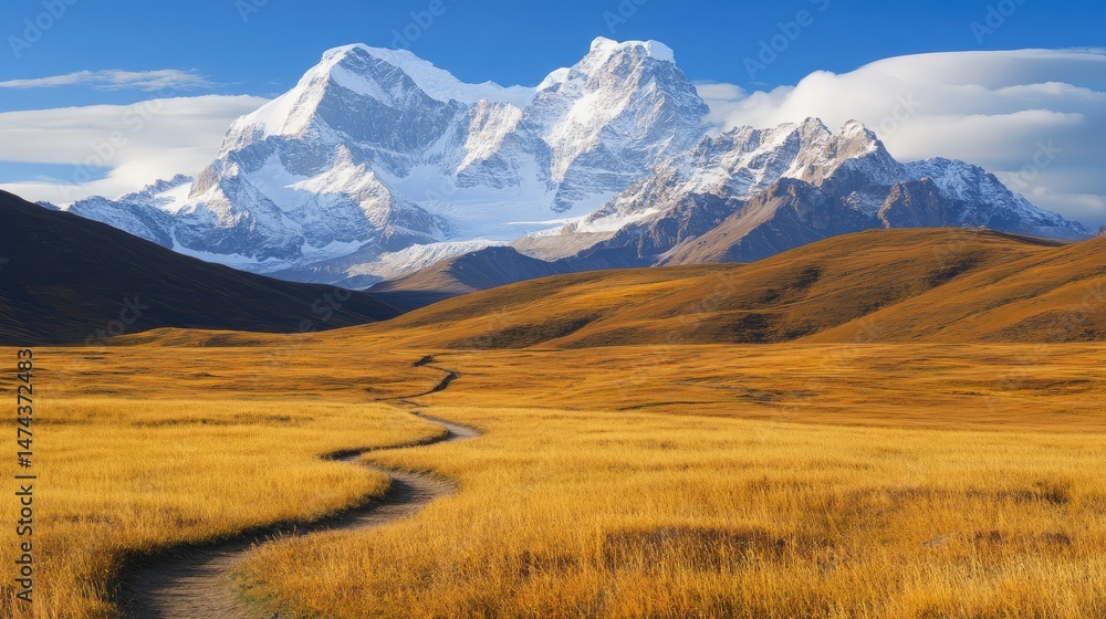Fototapeta premium A zigzagging path in a mountain meadow with wild grass and snow-capped peaks behind