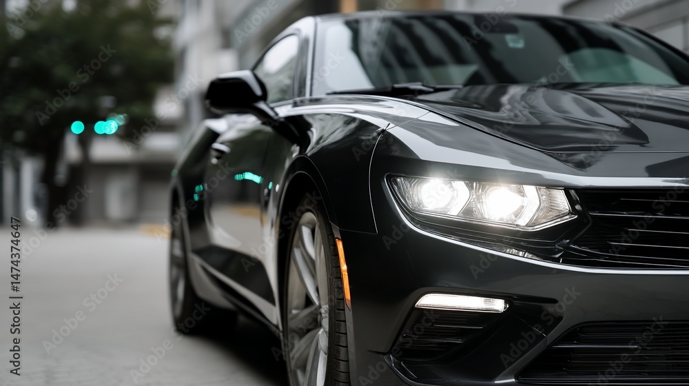 Fototapeta premium Sleek black sports car on city street