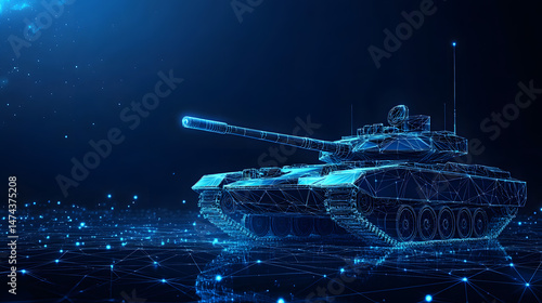 Futuristic tank concept rendered as a glowing blue wireframe. Reflective grid surface and dark backdrop enhance the tech feel. Perfect for military technology themes. Abstract wireframe in dark blue