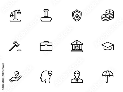 Refined Line Art Icons Set for Legal and Financial Security