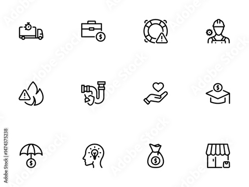 Line art icons representing various risks, insurance, and asset protection