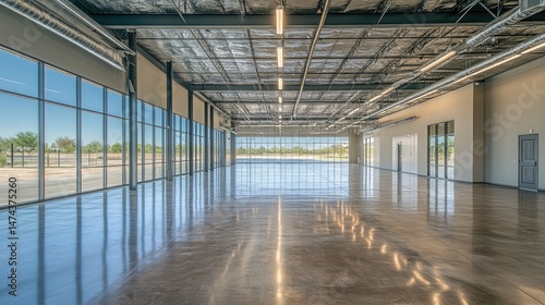 Fototapeta Naklejka Na Ścianę i Meble -  Empty warehouse space with polished concrete floors and high metal ceilings ready for industrial use