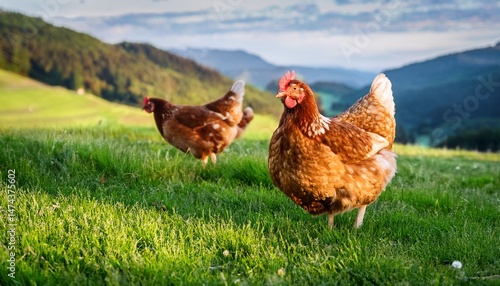 hens on a traditional free range poultry organic farm grazing on the grass with copy space