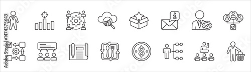 Business and management icon set. Contains symbol of businessman, target, finance, lunchtime, success, data, reward, work, money, employee, task, shop, meeting, education, idea. Vector illustration