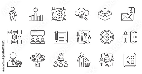 Business company and Management icon set. Contains symbol of success, data, reward, work, money, employee, businessman, target, finance, lunchtime, task, shop, meeting, education. Vector illustration