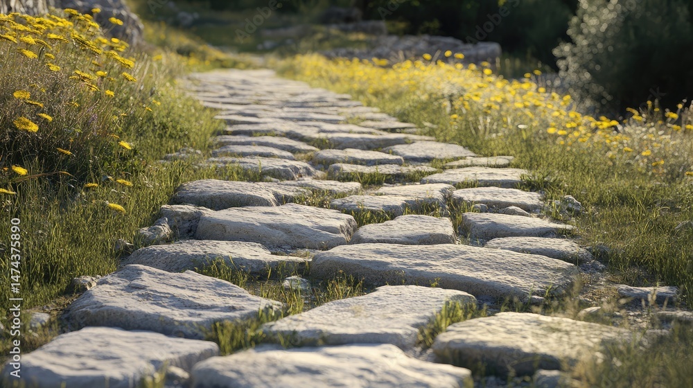 Naklejka premium Footpath made of uneven stones in a Mediterranean countryside setting