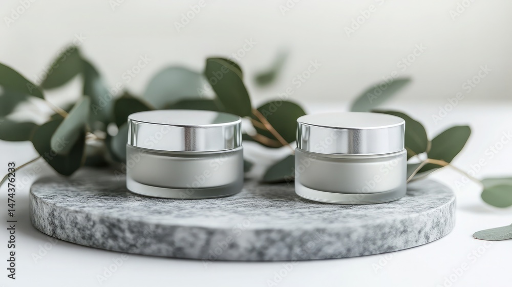 © somsri - Frosted cosmetic jars on a granite slab with greenery for a natural skincare theme