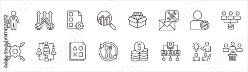 Business and management icon set. Contains symbol of businessman, target, finance, lunchtime, success, data, reward, work, money, employee, task, shop, meeting, education, idea. Vector illustration