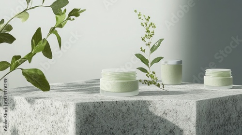 Frosted cosmetic jars on a granite slab with greenery for a natural skincare theme
