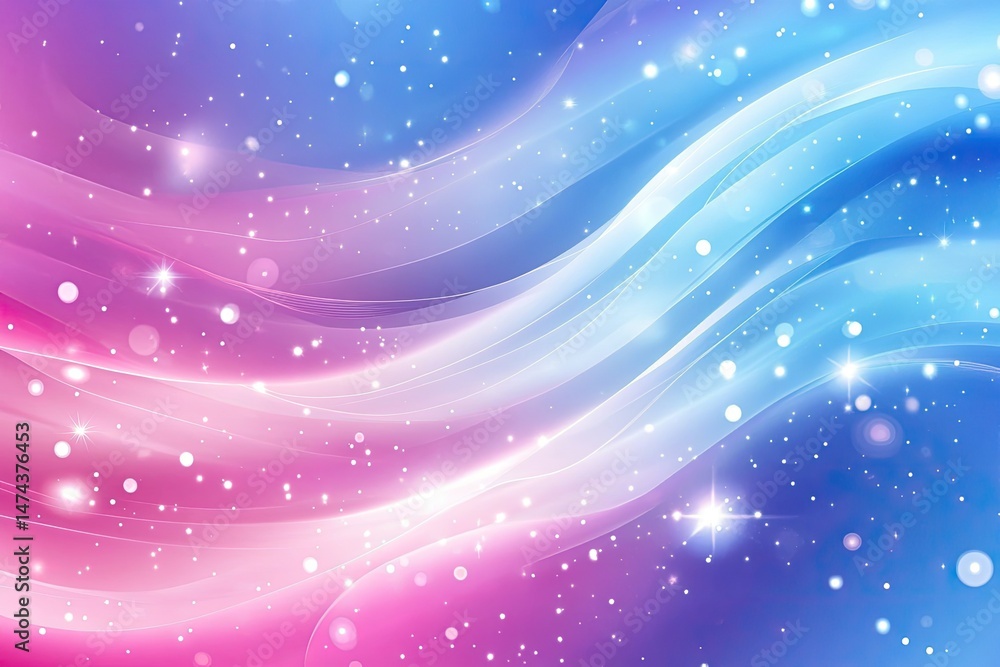 Fototapeta premium Abstract, pastel, swirling backdrop with glowing particles. Soft, flowing lines blend pink, purple, and blue hues, scattered with sparkling dots