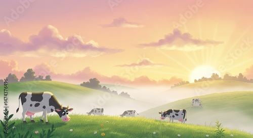Serene morning countryside with grazing cows and sunrise landscape